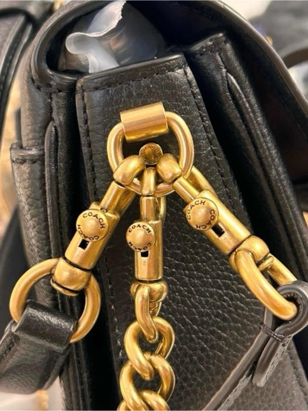 Coach Black Pebbled Leather Crossbody with Gold Turnlock and Chain - Picture 2 of 8